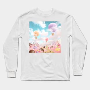 Sweets wonderworld landscape. Magic fairytale children illustration. Fantasy Hot Air Balloons on candy landscape Long Sleeve T-Shirt